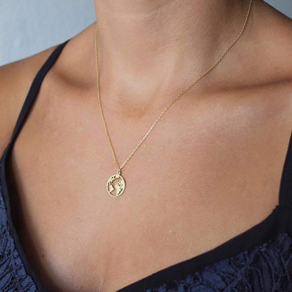 World Map Round Pendant Long Chain Necklace
