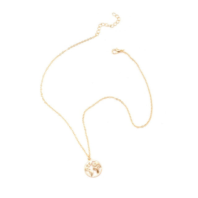 World Map Round Pendant Long Chain Necklace