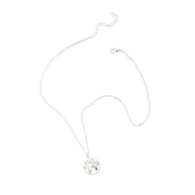 World Map Round Pendant Long Chain Necklace