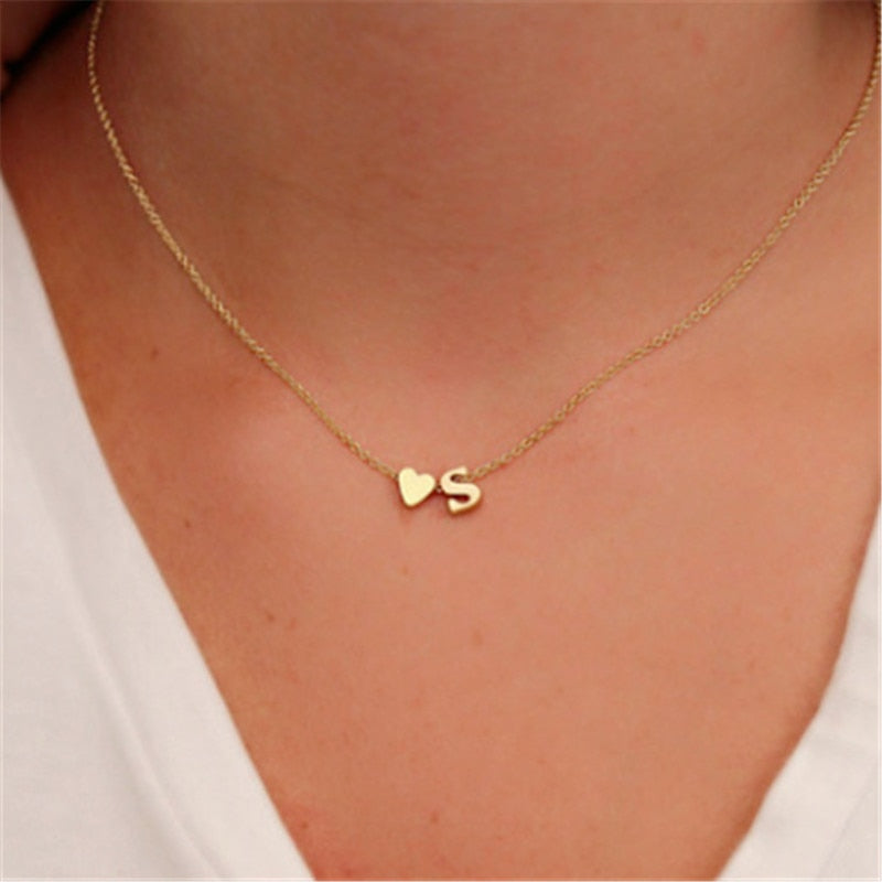 Tiny  Initial Name Choker Necklace 26 Letters &Heart Pendant Custom Necklace