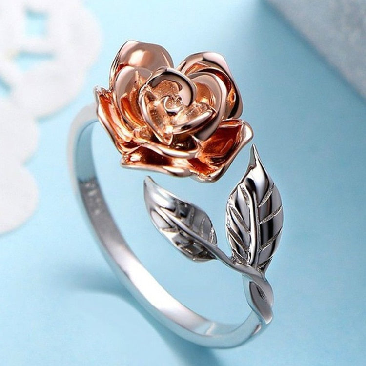 Vintage Red Rose Flower leaf Adjustable Rings