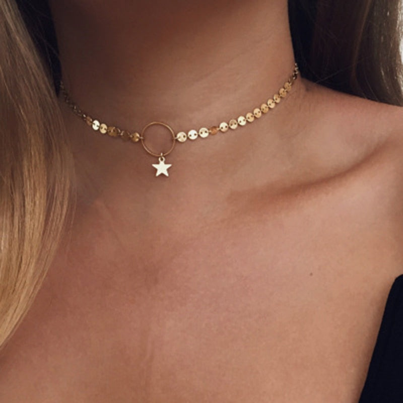 Gold Silver Color Round Coin Choker Necklace